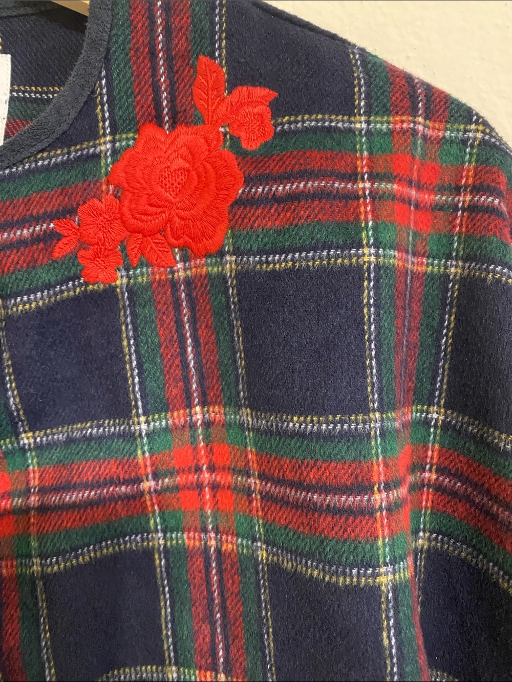 Janie and Jack Navy Plaid Cape with Red Floral Applique - Picture 3 of 9
